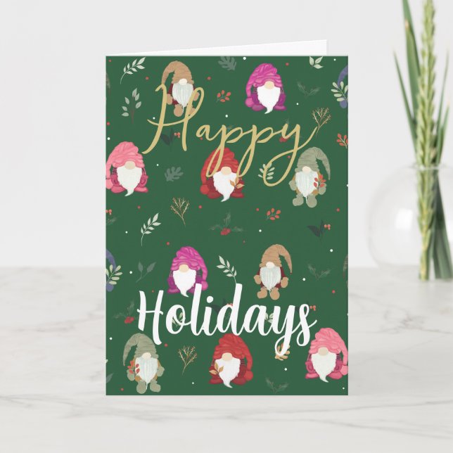 Cute Green Christmas Colorful Gnomes Card (Front)