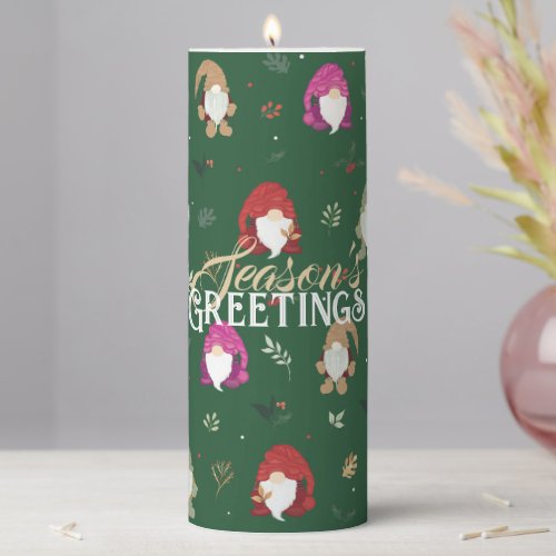 Cute Green Christmas Colorful Gnomes Pillar Candle