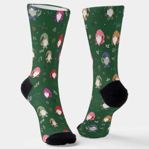 Cute Green Christmas Colorful Gnomes Socks