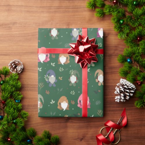 Cute Green Christmas Colorful Gnomes Wrapping Paper