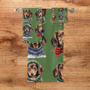 Cute Green Christmas Dachshund Bath Towel Set