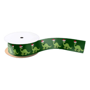 Cute Green Christmas Dinosaur in Santa Hat Satin Ribbon