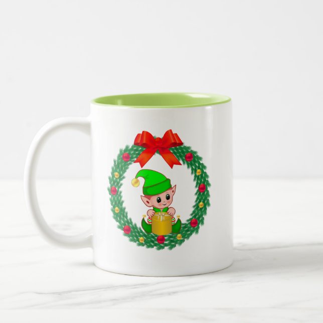 Cute Green Christmas Elf & Christmas Wreath Two-Tone Coffee Mug (Left)