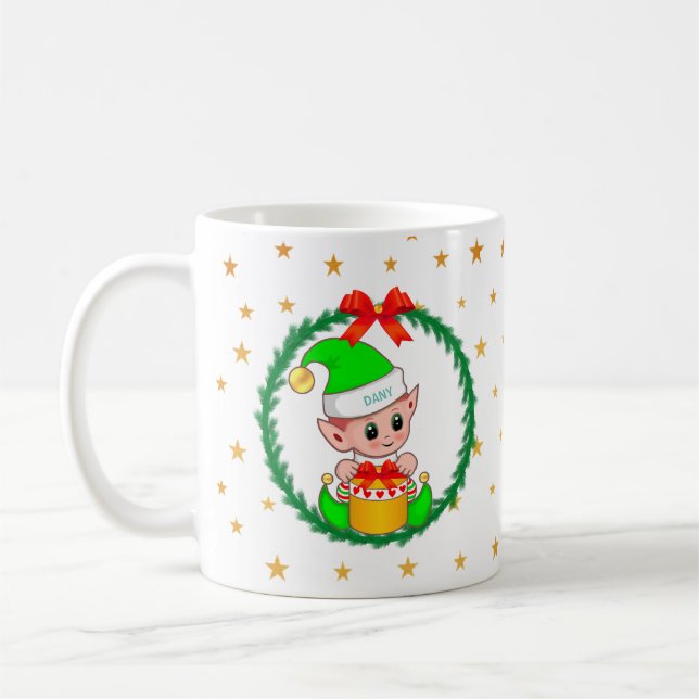 Cute Green Christmas Elf, Pine Wreath & Stars Coffee Mug (Left)