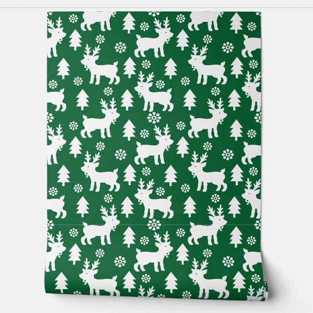 Cute Green Christmas Reindeer Pattern Kids Nursery Wallpaper (Unrolling)