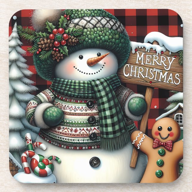 Cute Green Christmas Snowman Beverage Coaster (Front)