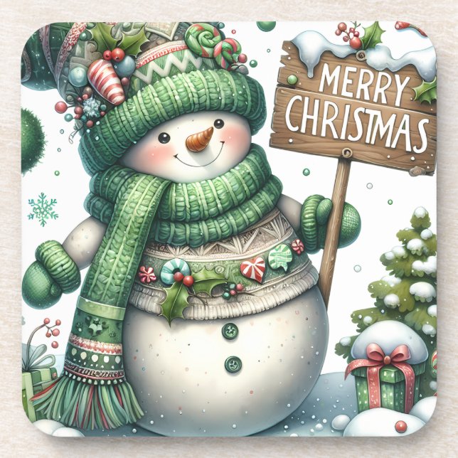 Cute Green Christmas Snowman Beverage Coaster (Front)