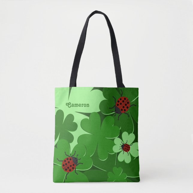 Cute Green Clover Leaves Ladybug Name Tote Bag (Front)
