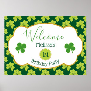 Cute Green Clover Pattern Birthday Welcome Poster