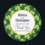 Cute Green Clover Pattern Wedding Magnet<br><div class="desc">A wedding magnet with a cute repeating pattern with olive green clovers on a dark green background. A white circle with a faux gold foil border layered over top with your text inside.</div>