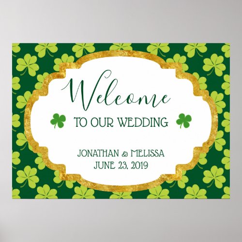 Cute Green Clover Pattern Wedding Welcome Poster