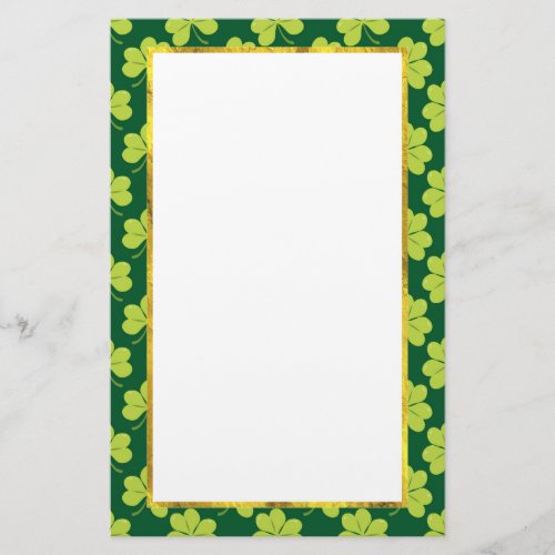 Cute Green Clover Pattern with a Faux Gold Frame Stationery