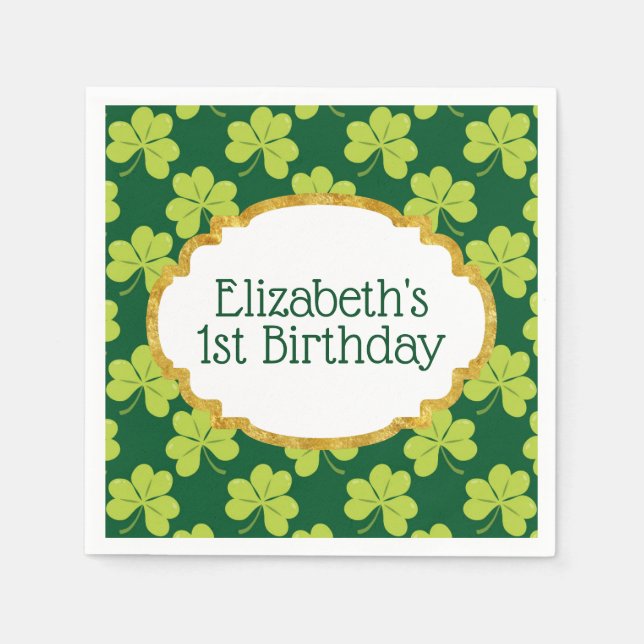 Cute Green Clover Shamrock Pattern Birthday Napkins (Front)