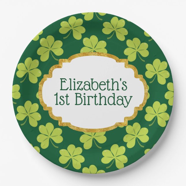 Cute Green Clover Shamrock Pattern Birthday Paper Plates (Front)