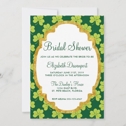 Cute Green Clover Shamrock Pattern Bridal Shower Invitation