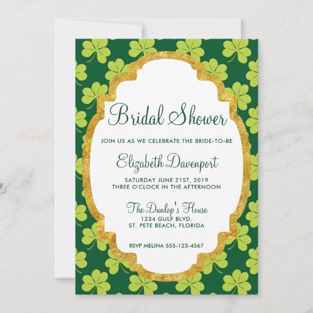 Cute Green Clover Shamrock Pattern Bridal Shower Invitation (Front)