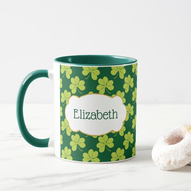 Cute Green Clover Shamrock Pattern Mug (With Donut)