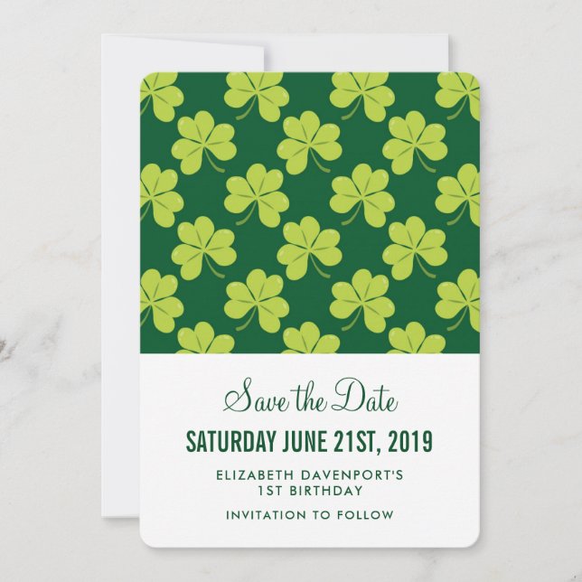 Cute Green Clover Shamrock Pattern Save The Date (Front)