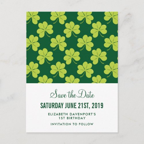 Cute Green Clover Shamrock Pattern Save the Date Postcard