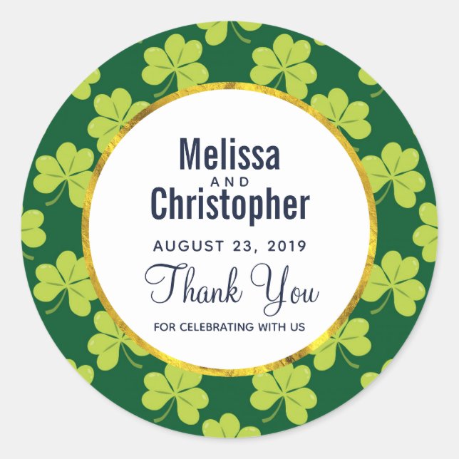 Cute Green Clover Shamrock Pattern Wedding Classic Round Sticker (Front)