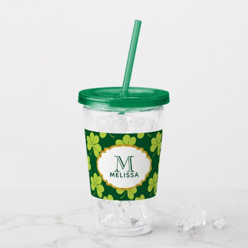 Cute Green Clover Shamrock Pattern with Monogram Acrylic Tumbler