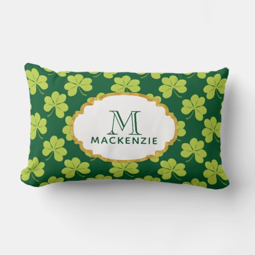 Cute Green Clover Shamrock Pattern with Monogram Lumbar Pillow