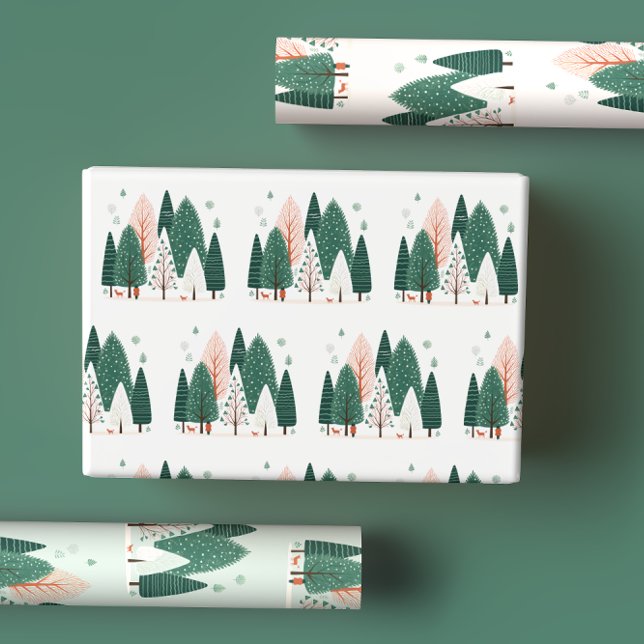 Cute Green & Coral Christmas Pine Tree Woodland Wrapping Paper Sheets (Creator Uploaded)