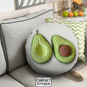 Cute Green Cottagecore Crochet Avocado Monogram Round Pillow