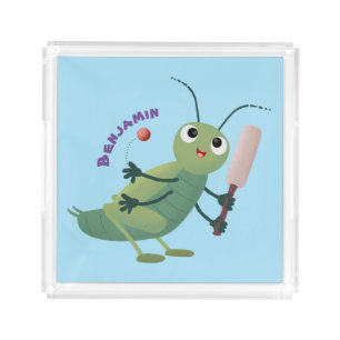 Cute green cricket insect cartoon illustration acrylic tray