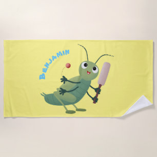 Cute green cricket insect cartoon illustration beach towel