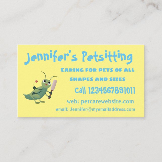Cute green cricket insect cartoon illustration business card (Front)