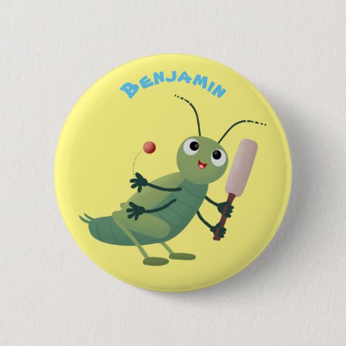 Cute green cricket insect cartoon illustration button