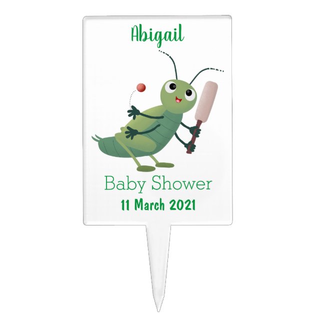 Cute green cricket insect cartoon illustration cake topper (Front)
