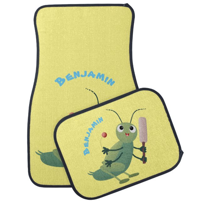 Cute green cricket insect cartoon illustration  car floor mat (Set)
