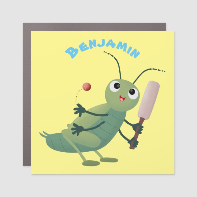 Cute green cricket insect cartoon illustration car magnet (Front)