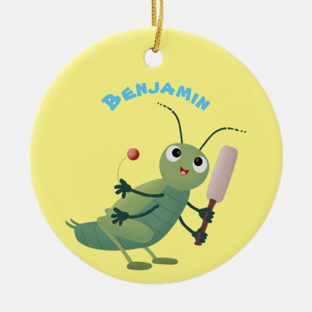 Cute green cricket insect cartoon illustration ceramic ornament (Front)