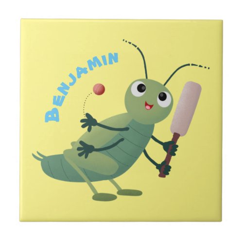 Cute green cricket insect cartoon illustration ceramic tile