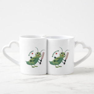 Cute green cricket insect cartoon illustration coffee mug set
