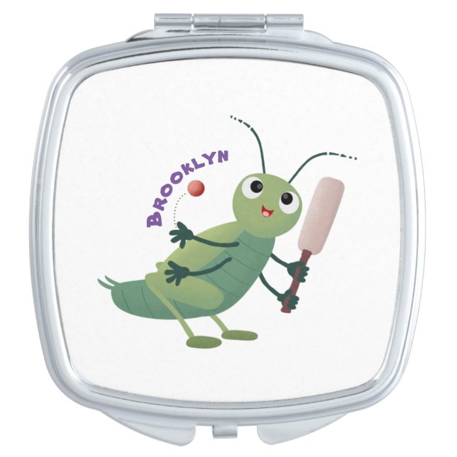 Cute green cricket insect cartoon illustration compact mirror (Front)