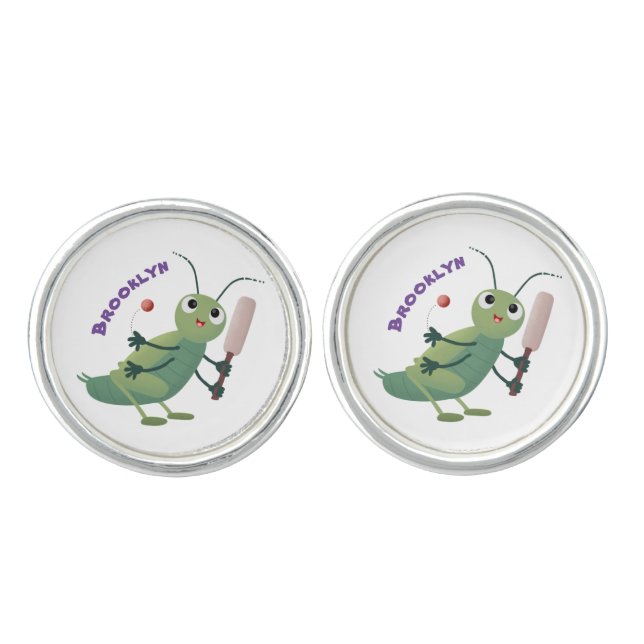 Cute green cricket insect cartoon illustration cufflinks (Front)