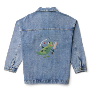 Cute green cricket insect cartoon illustration denim jacket