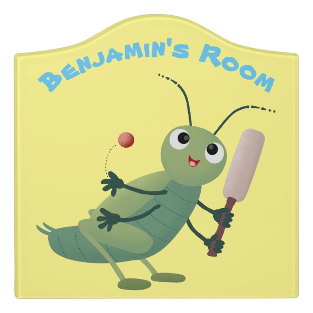 Cute green cricket insect cartoon illustration door sign (Large Crest Front)