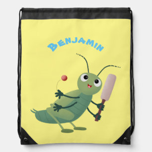 Cute green cricket insect cartoon illustration drawstring bag