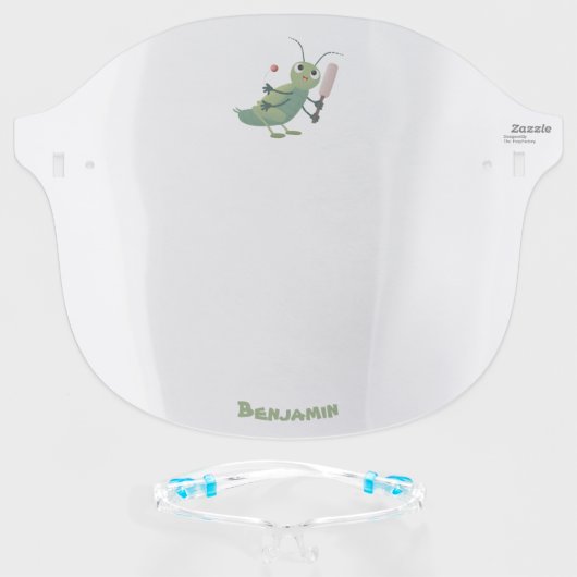 Cute green cricket insect cartoon illustration face shield (Front w/Glasses)