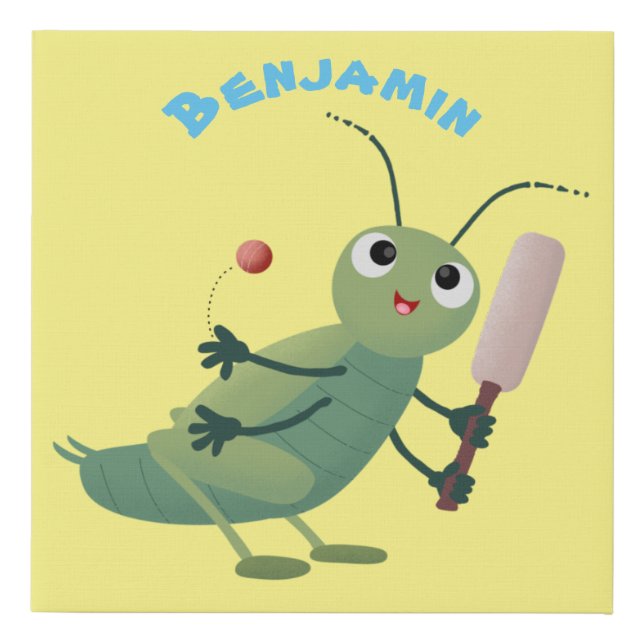 Cute green cricket insect cartoon illustration faux canvas print (Front)