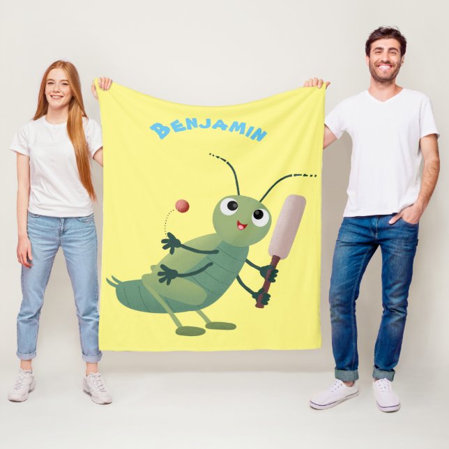 Cute green cricket insect cartoon illustration fleece blanket (In Situ)