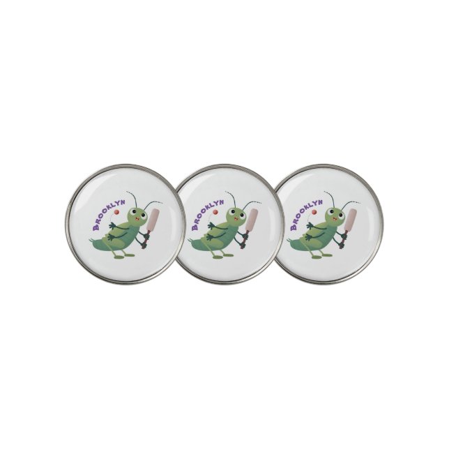 Cute green cricket insect cartoon illustration golf ball marker (3 Up)