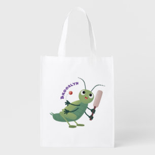 Cute green cricket insect cartoon illustration grocery bag