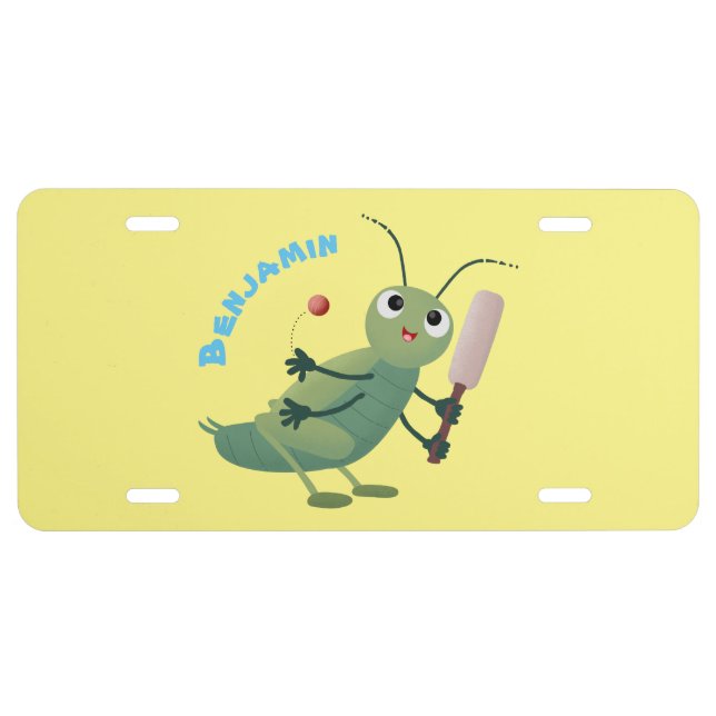 Cute green cricket insect cartoon illustration license plate (Front)