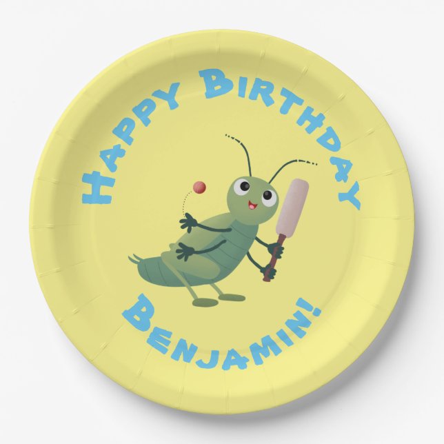Cute green cricket insect cartoon illustration paper plates (Front)
